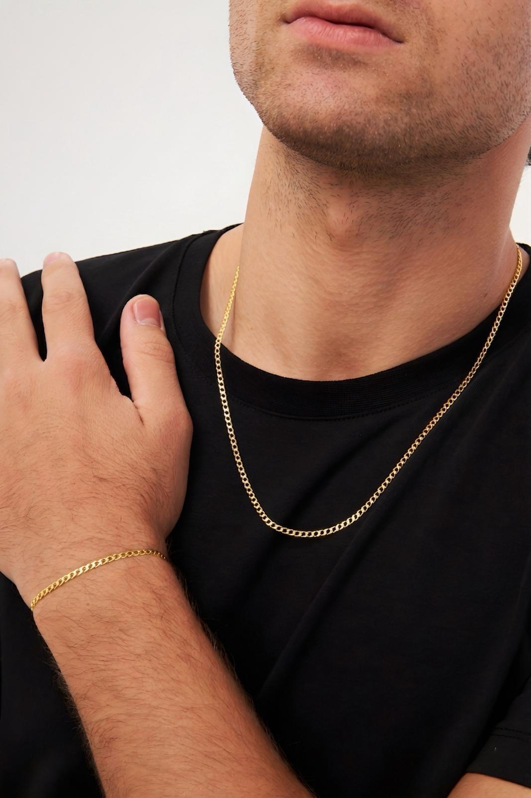 18K Altın Kaplama 3mm Gurmet 925 Ayar Gümüş Erkek Zincir Kolye Bileklik Set VES-8523 - Ventino Silver